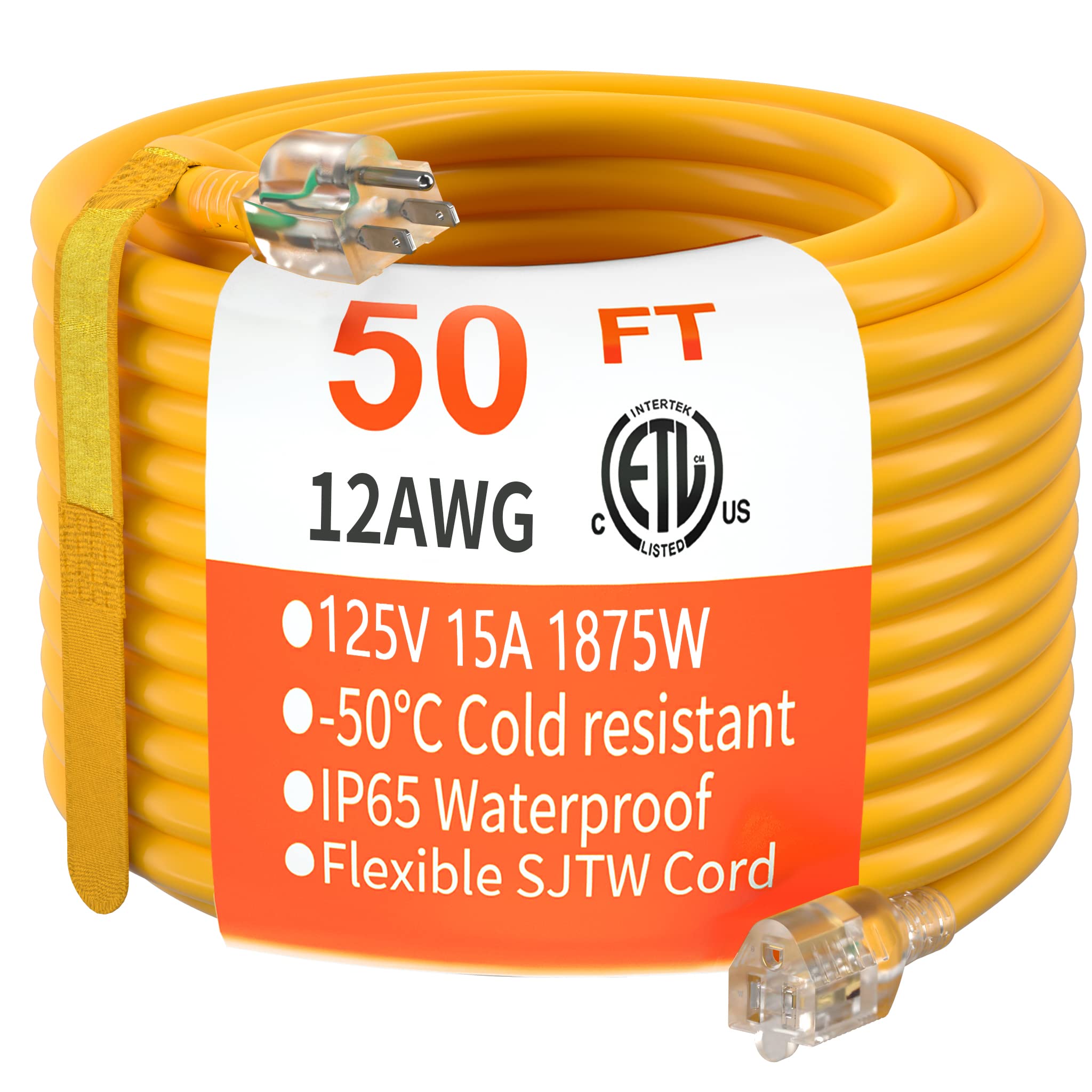 HUANCHAIN Indoor Outdoor Black Extension Cord 50 ft Waterproof, 16/3 Gauge Flexible Resistant Appliance Extension Cord Outside, 13A 1625W 16AWG SJTW, 3 Prong Heavy Duty Electric Cable, ETL Listed